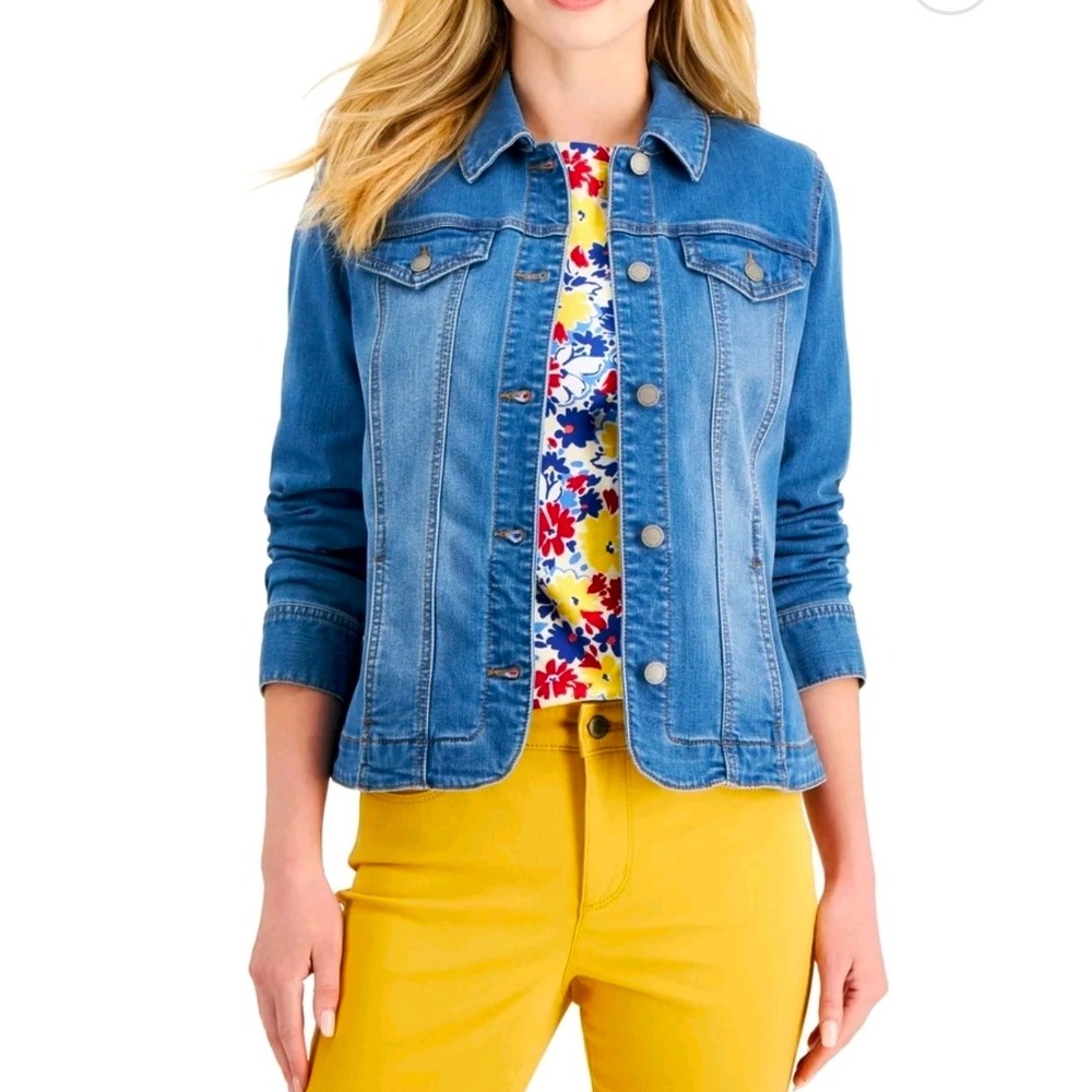 Charter Club Medium Wash Blue Denim Trucker Jacket Size S Stretch Cotton